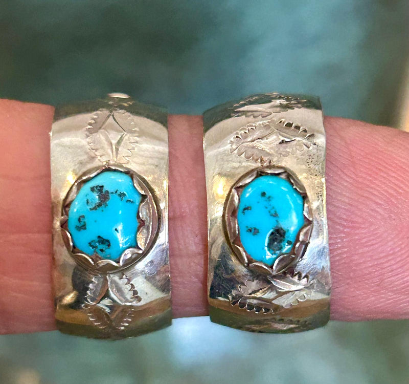 Vintage Sterling Silver Hoops w/ Turquoise 3/4" L x 3/8" W