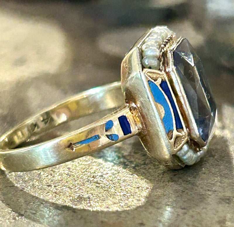 Art Deco 14K Synthetic sapphire with enamel and seed pearls, size 6 1/2