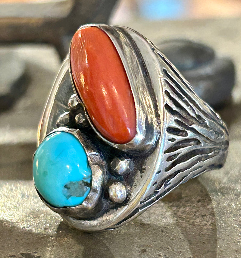 Sterling silver Navajo Turquoise and coral ring, size 9 1/2