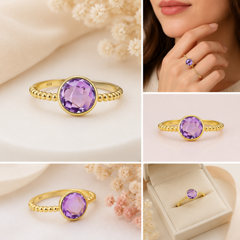 18K Gold Plated Sterling Silver Amethyst Ring