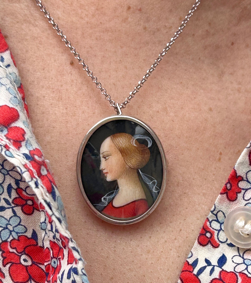 Victorian 800 silver hand painted portrait on an 18” sterling chain. Pendant/pin 1” x 7/8”