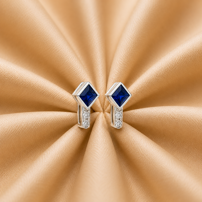 Sapphire Cube Earrings – 14K White Gold