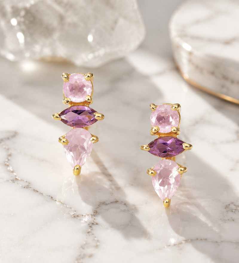 18K Gold Plated Rose Quartz & Amethyst Sterling Silver Earrings