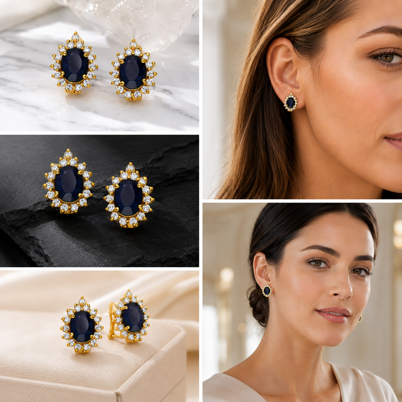 Blue Sapphire Halo Omega Back Earrings