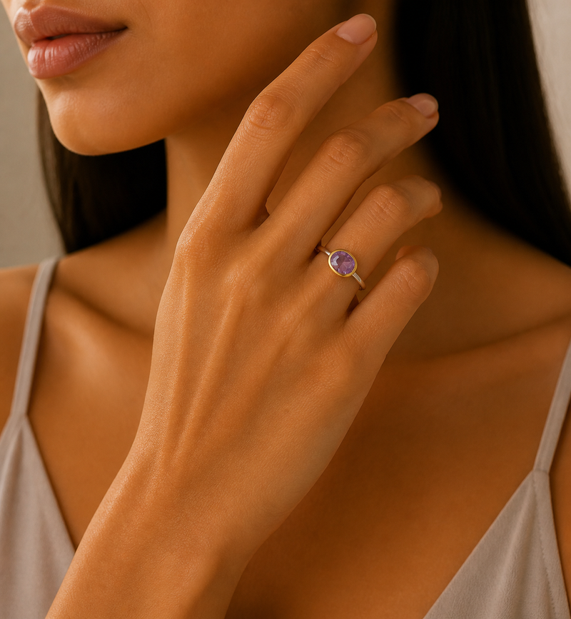 Sterling Silver Solitaire Ring, Decorated with Amethyst, Bezel Plated with 0.3 Micron 18K Yellow Gold