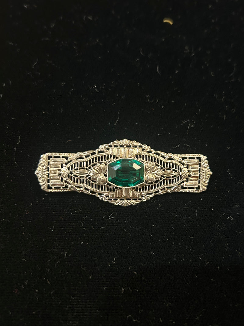 10K Art Deco Filigree Brooch with green paste stone