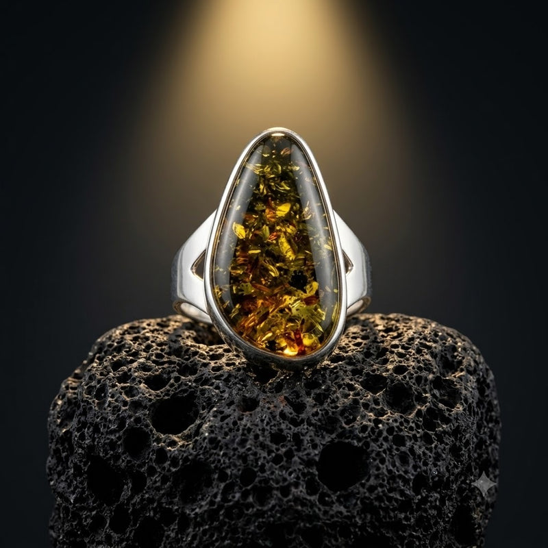 Sterling Silver Green Amber Ring