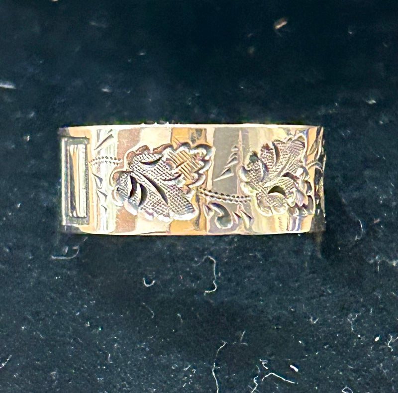 Victorian 14K Gold Leaf & Geometric Band Ring Size 7.75