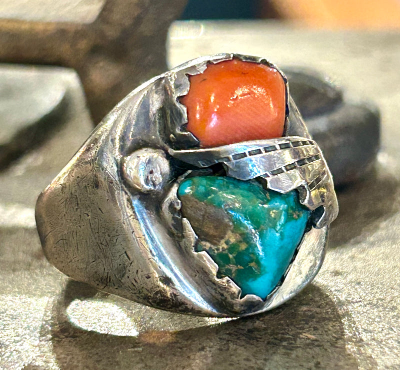 Sterling silver Navajo Turquoise and coral ring, size 10 1/2