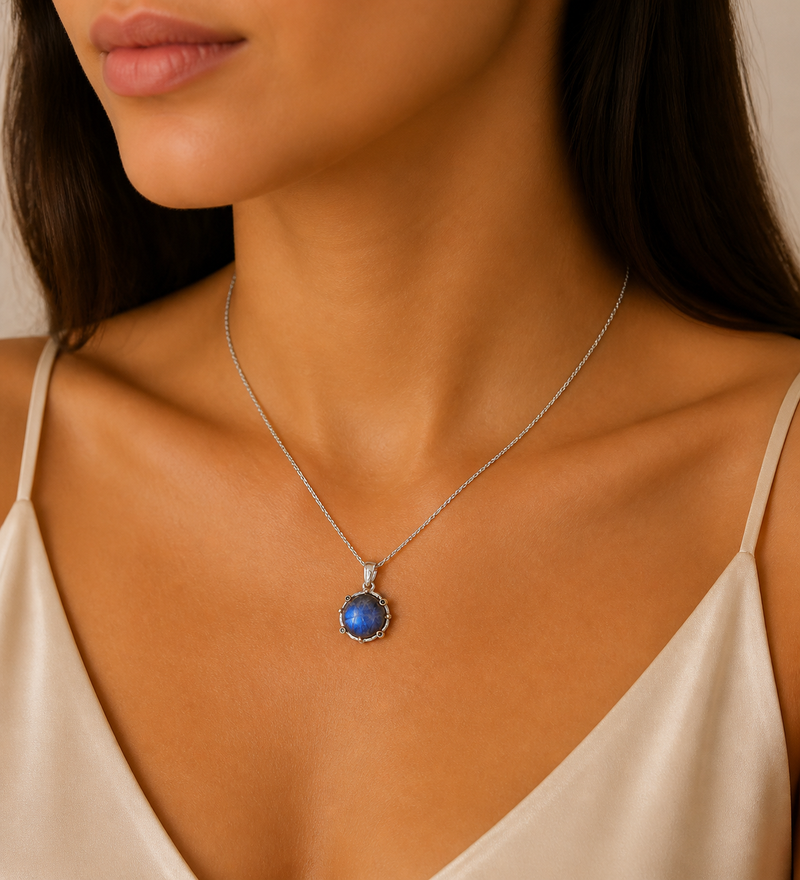 Sterling Silver Necklace, Decorated with Blue Sapphires and Spectrolite, Plated with 3 Micron 22K Pink Gold and White Rhodium
