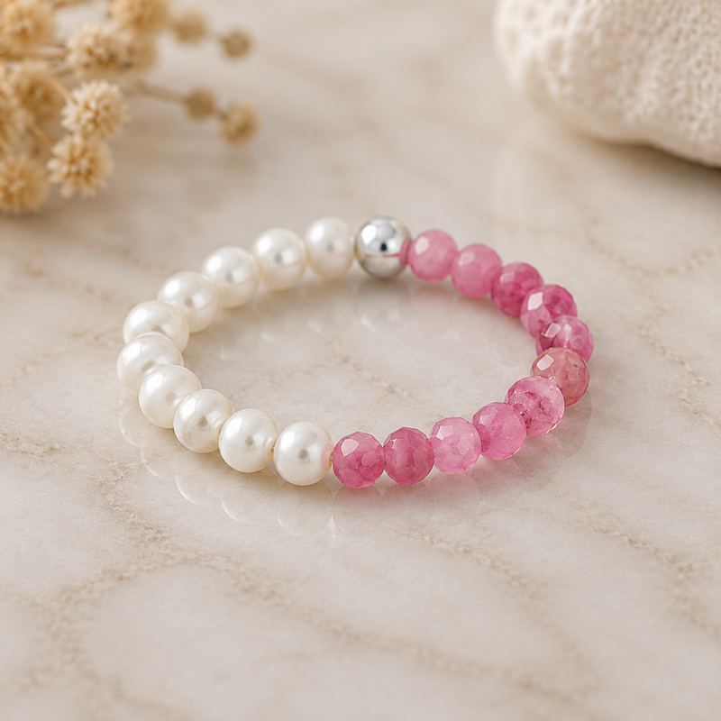 Pearl & Pink Gemstone Stretch Bracelet – Sterling Silver
