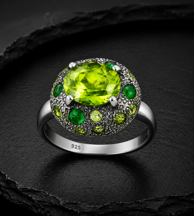Emerald & Peridot Statement Ring, Ruthenium & Rhodium Plated