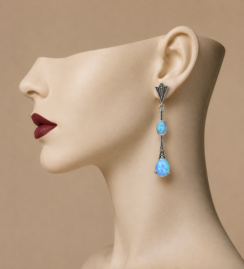 Sterling Silver Lab Opal & Marcasite Drop Earrings