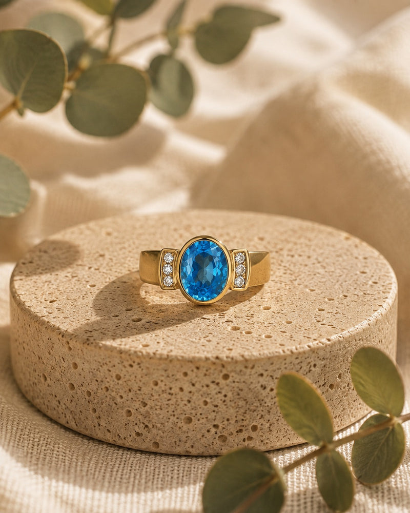 14K Gold Blue Topaz & Diamond Ring