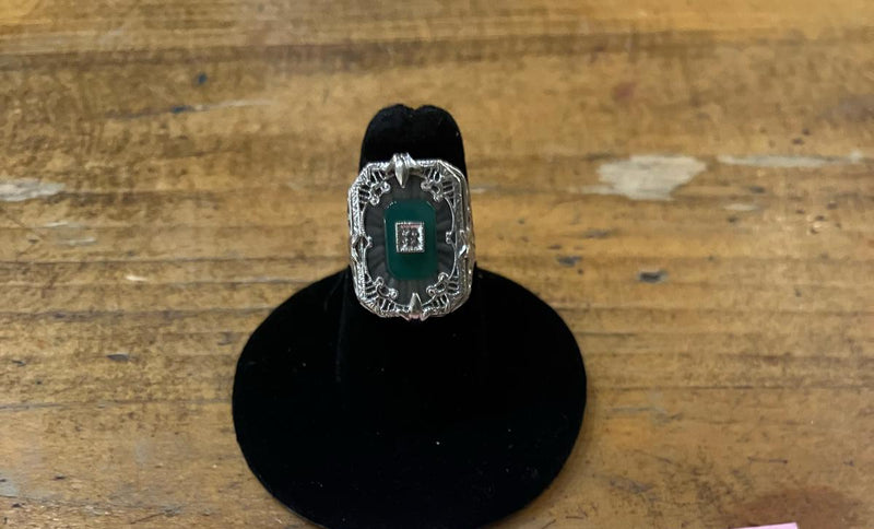 Sterling Silver Frosted Rock Crystal, Chrysoprase + Diamond Ring Size: 5 1/2