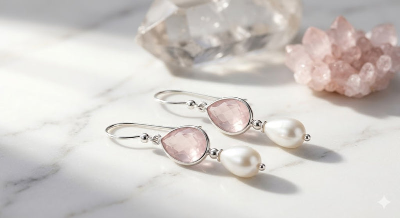 Sterling Silver Hook Earrings with Freshwater Pearls & Rose Quartz