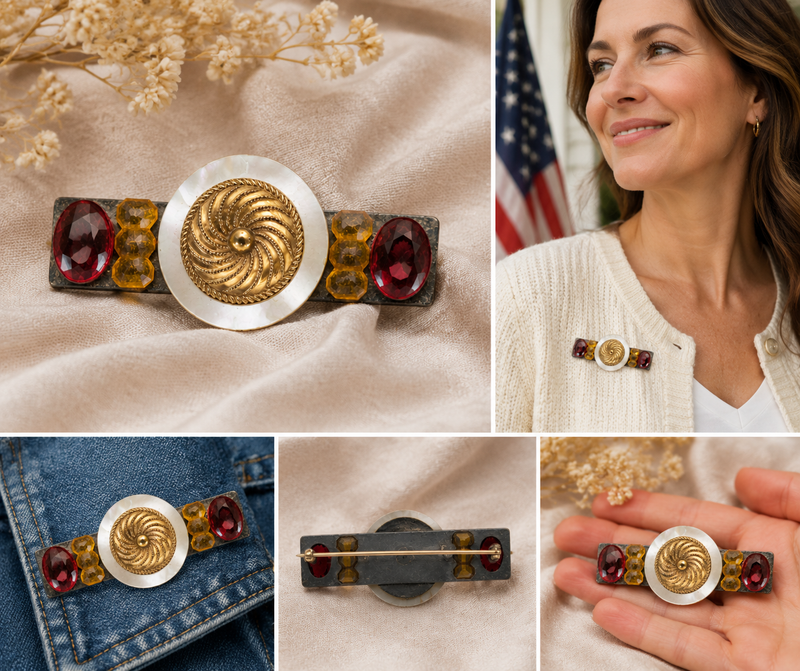 Vintage mother of pearl with orange and gold paste accents brooch