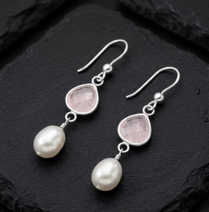 Sterling Silver Hook Earrings with Freshwater Pearls & Rose Quartz