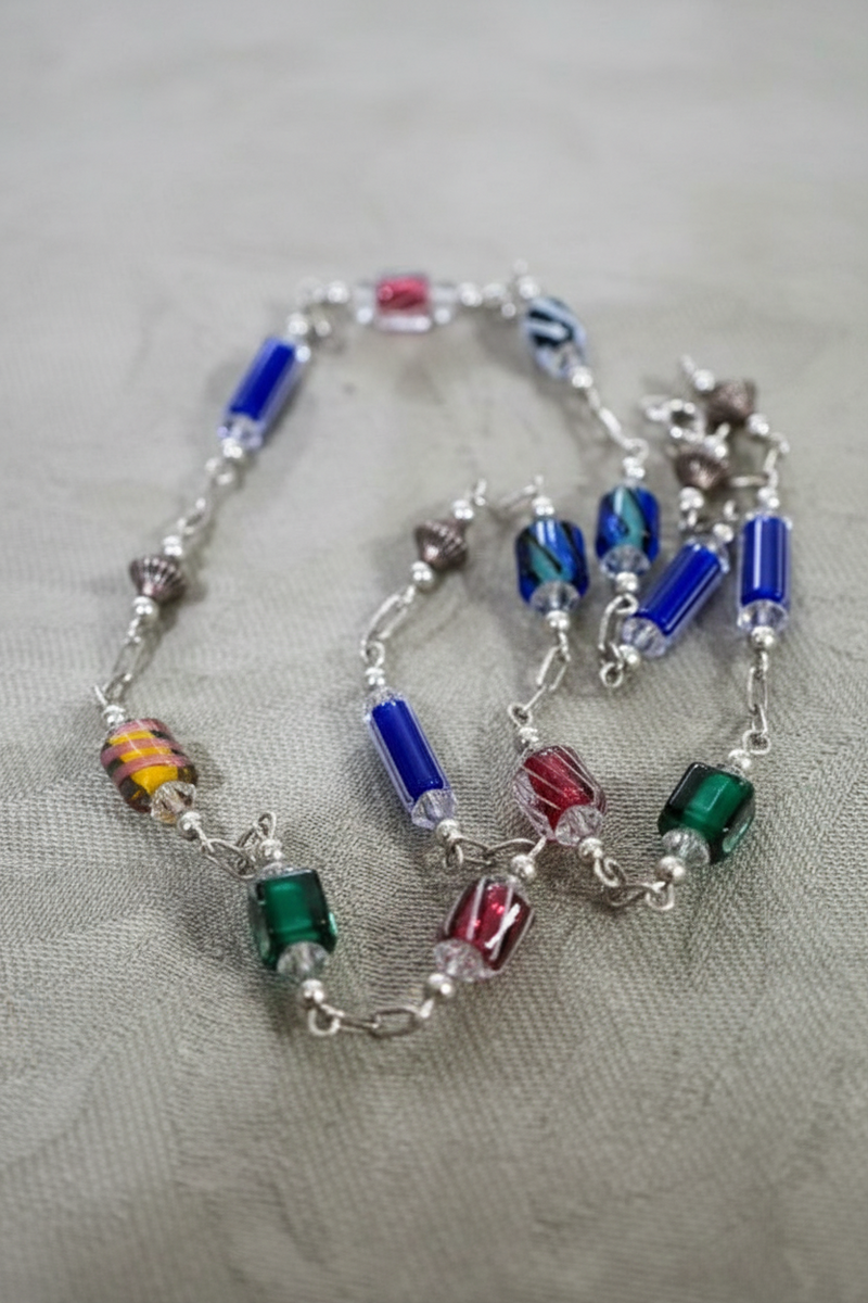 SS Glass Beaded Necklace – Colorful and Elegant Silver Jewelry