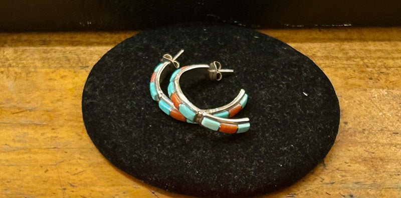 Vintage Sterling Silver Silver Hoop w/ Turquoise & Coral 1"