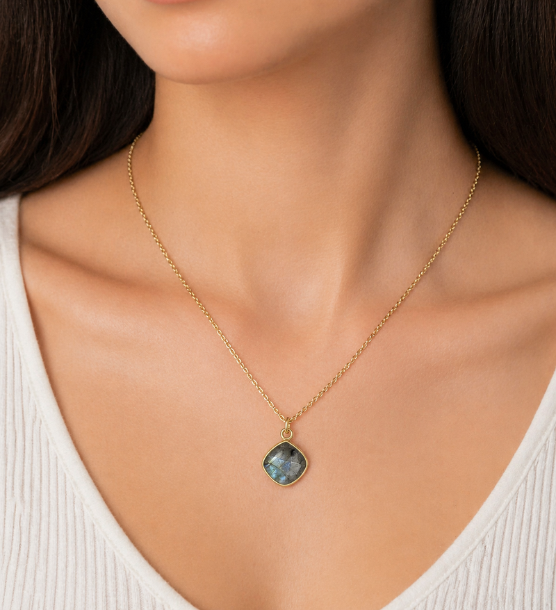 Sterling Silver Necklace with Labradorite, Plated with 9K Yellow Gold