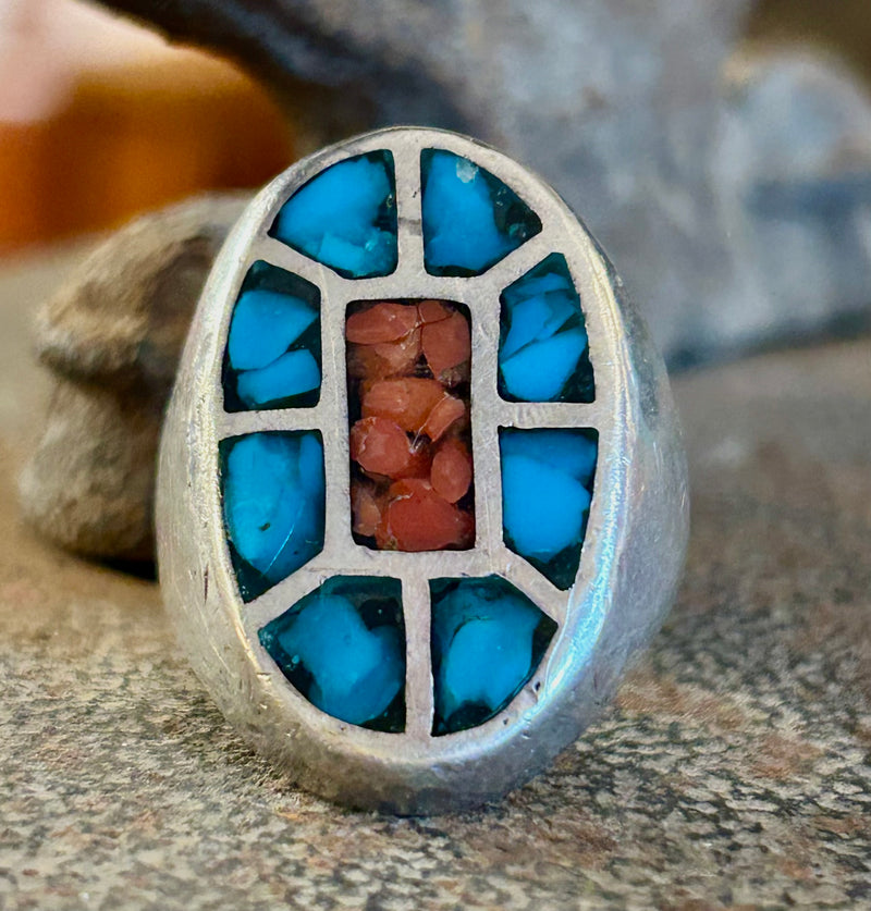 Vintage Sterling Silver Navajo Crushed Coral & Turquoise Size 7