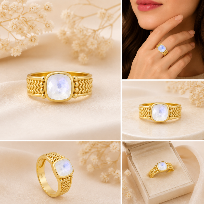 18K Gold Plated Sterling Silver Rainbow Moonstone Ring