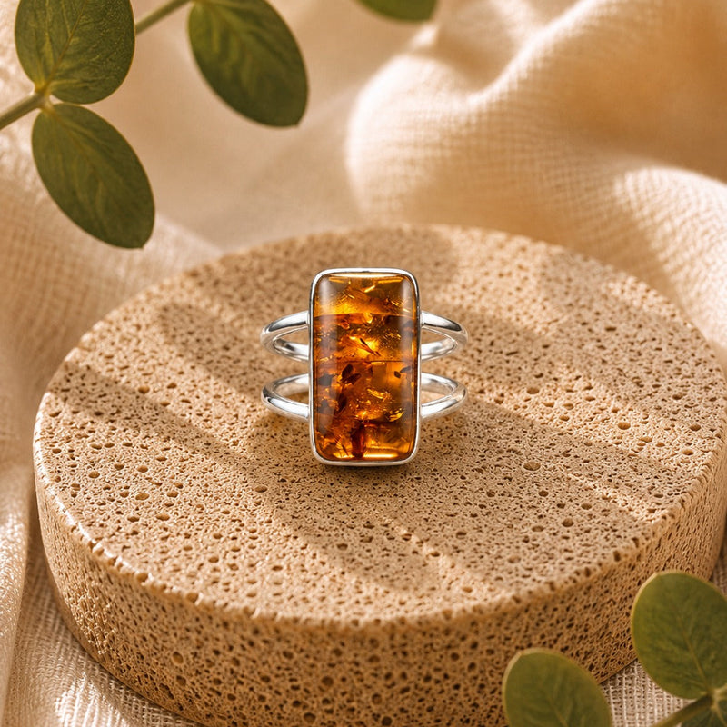 Sterling Silver Rectangle Amber Ring