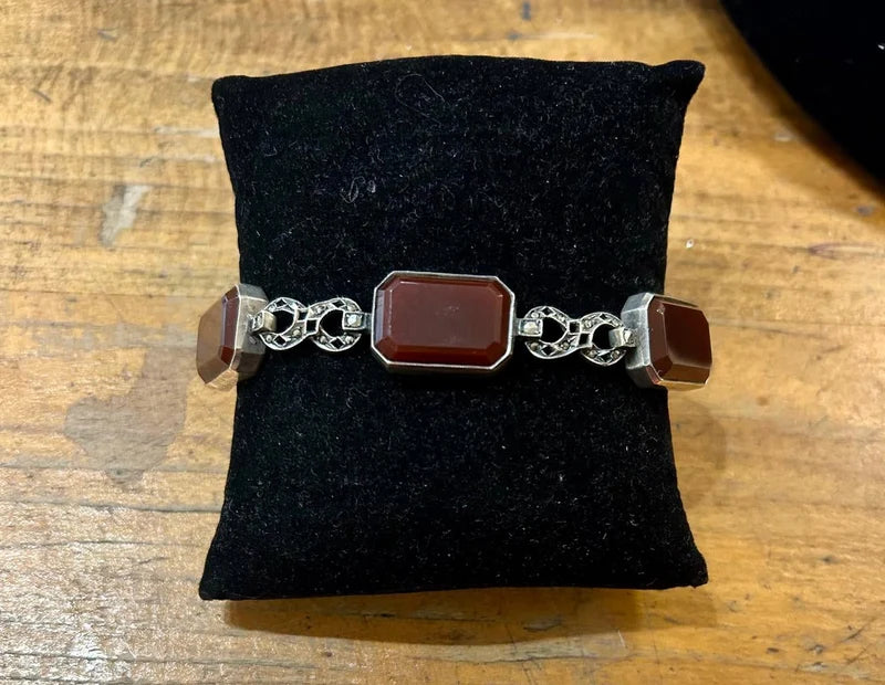 Art Deco sterling silver marcasite & carnelian bracelet - 7”