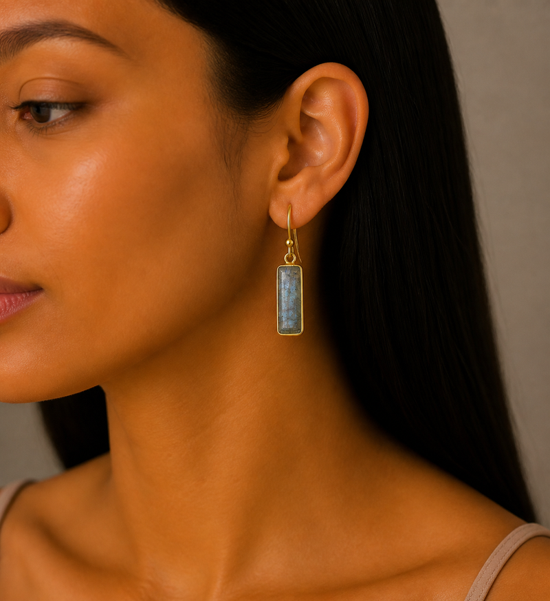 Sterling Silver Hook Earrings, Decorated with Labradorite, Plated with 0.3 Micron 18K Yellow Gold