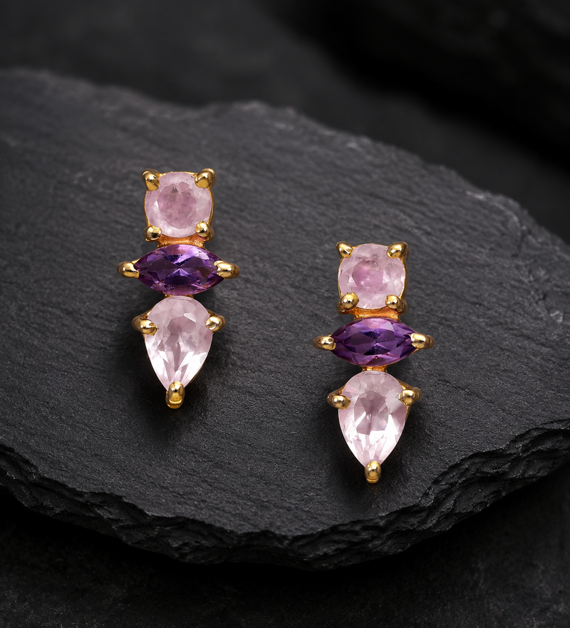 18K Gold Plated Rose Quartz & Amethyst Sterling Silver Earrings