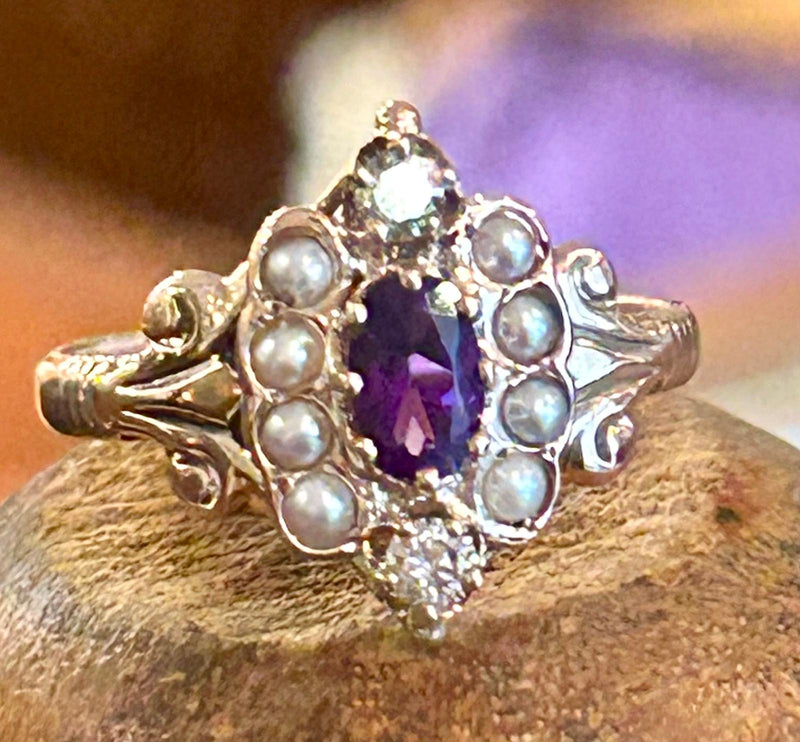 Victorian 14K amethyst, dia. & seed pearl size
