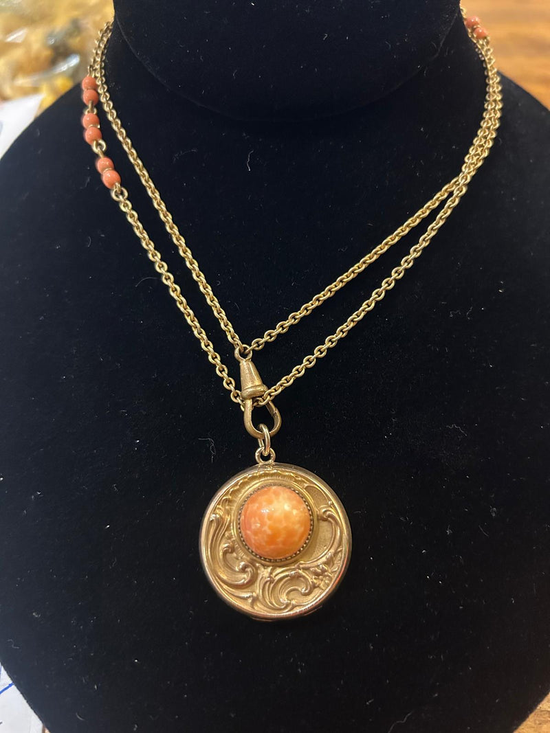 Art Nouveau Coral GF Locket neck