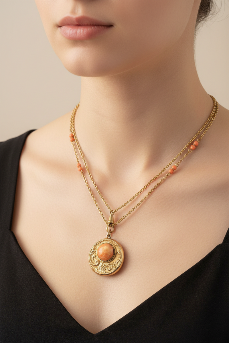 Art Nouveau Coral GF Locket neck