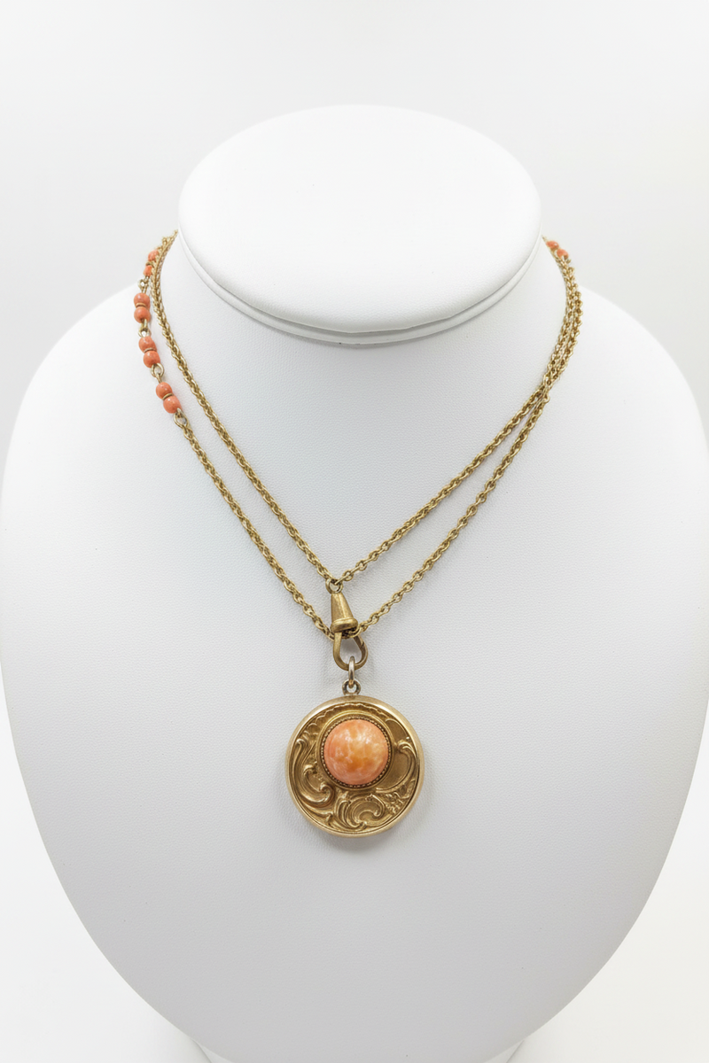 Art Nouveau Coral GF Locket neck