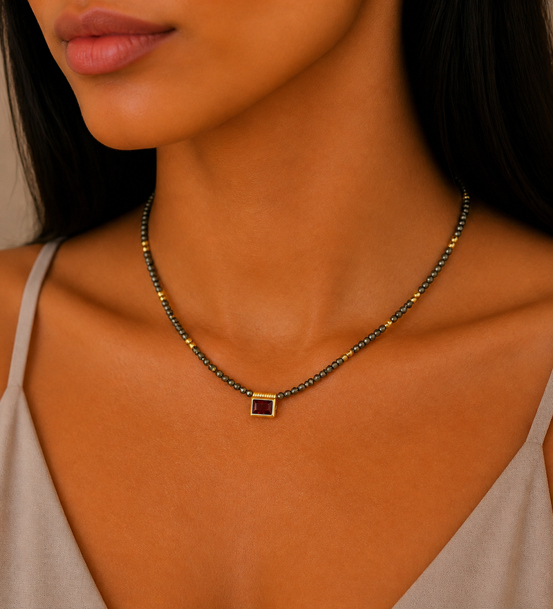 Sterling Silver Necklace, Beaded with Ruby and Pyrite