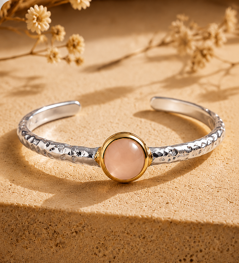 Sterling Silver Rose Quartz Cuff Bracelet, 3 Micron 22K Gold Plated
