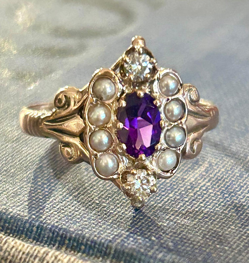 Victorian 14K amethyst, dia. & seed pearl size