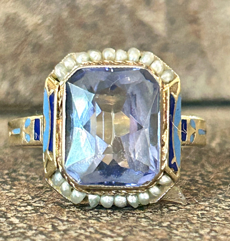 Art Deco 14K Synthetic sapphire with enamel and seed pearls, size 6 1/2