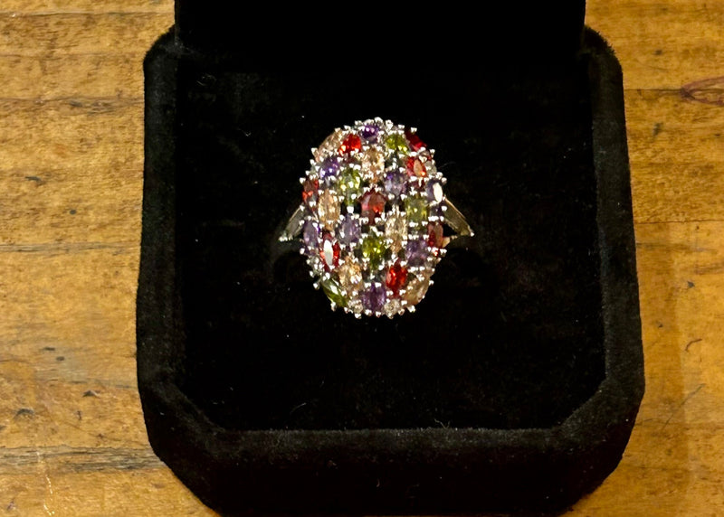 Vintage Sterling Silver Multi Gemstone Ring – Modern Oval Statement Ring