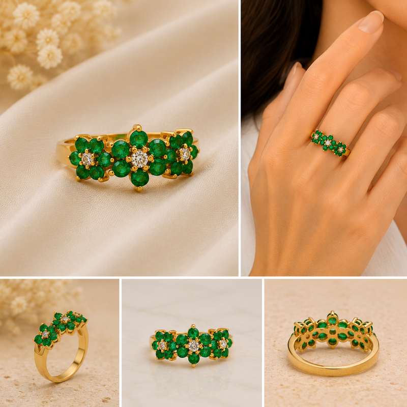 Emerald Floral Bloom Ring – 18K Yellow Gold