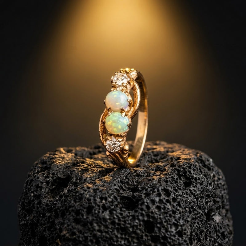 14K Yellow Gold Victorian Opal Diamond Ring – Size 7.5