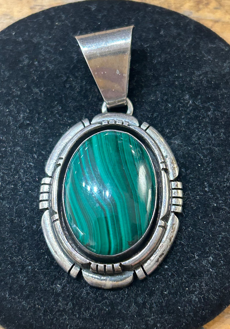 Vintage Sterling Silver Navajo Signed Malachite Pendant
