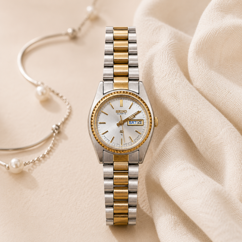 Vintage Seiko Stainless Steel Quartz Watch – Classic Day Date Design