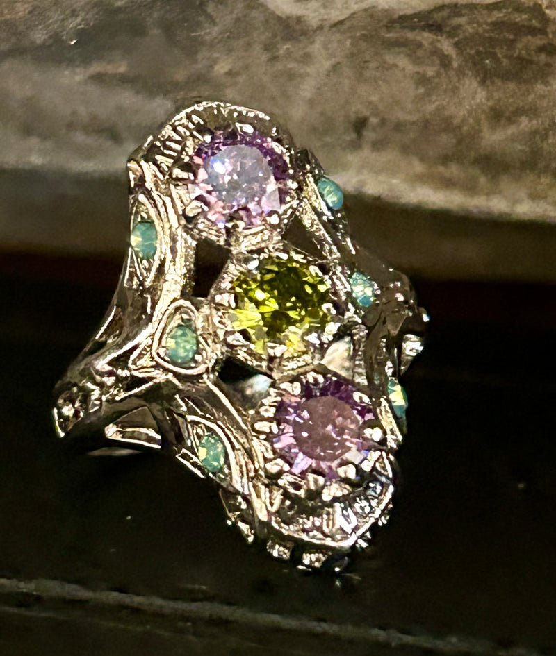 Sterling Silver Art Deco style ring with gem stones size 7