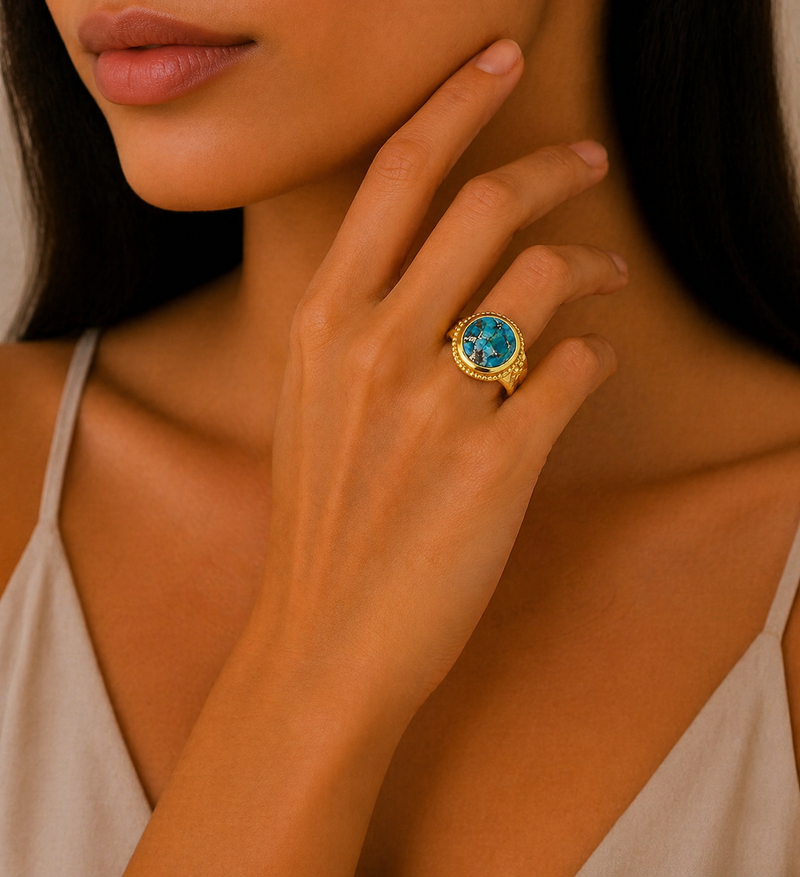 Sterling Silver Ring, Decorated with Reconstructed Copper Turquoise, Plated with 0.3 Micron 18K Yellow Gold