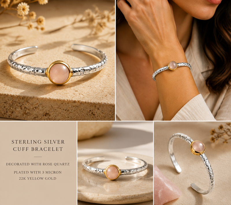 Sterling Silver Rose Quartz Cuff Bracelet, 3 Micron 22K Gold Plated