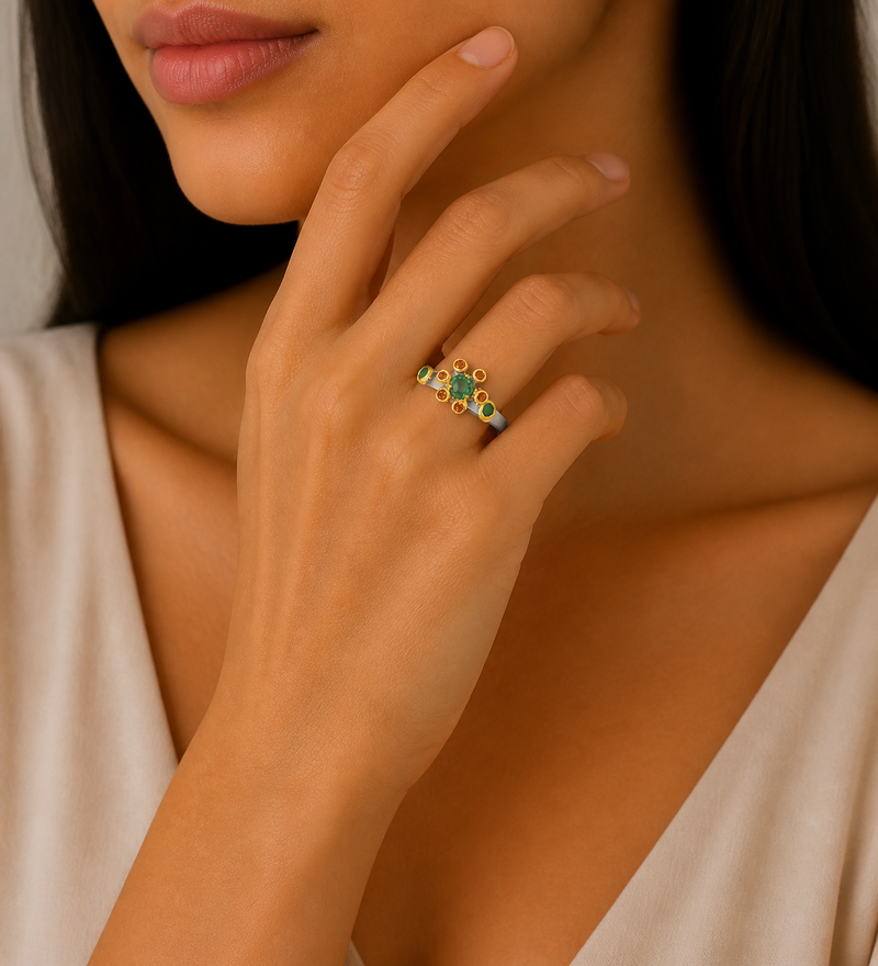 Sterling Silver Ring Decorated with Emeralds and Orange Sapphires, Plated with 3 Micron 22K Yellow Gold and Grey Ruthenium