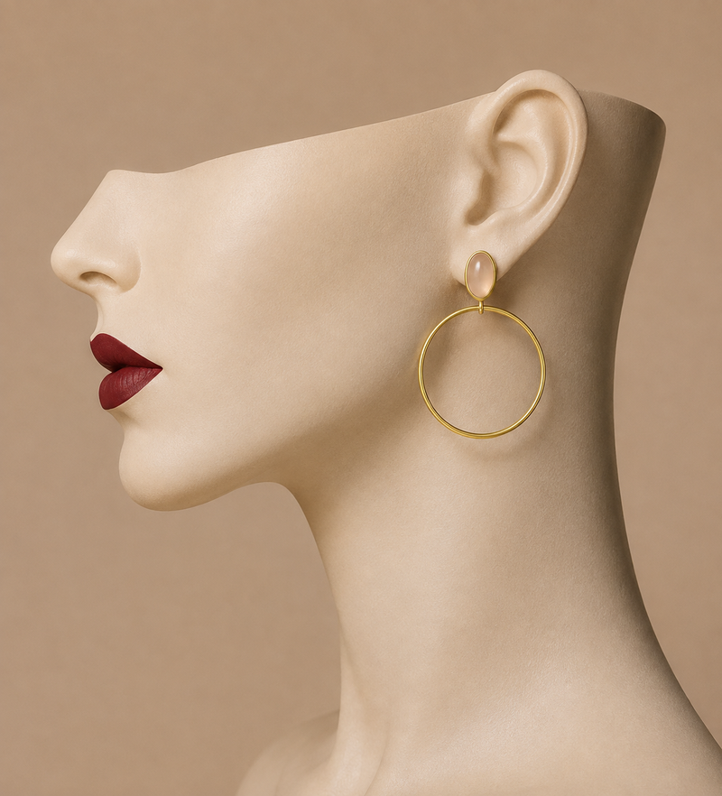 18K Gold Plated Rose Quartz Hoop Drop Earrings