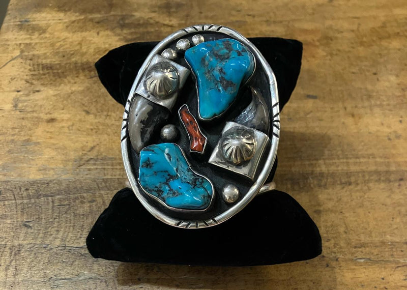Sterling Silver American Indian Turquoise + Coral Cuff